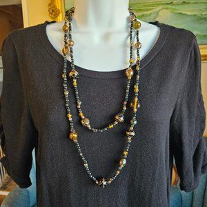 Women's Fashion Necklace EUC Amber Black Bronze Colored Beads 58"-Item #549
